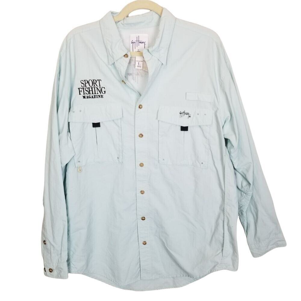 Aftco Bluewater Guy Harvey Mens Vented Fishing Shirt Size L Gorpcore Fish Print